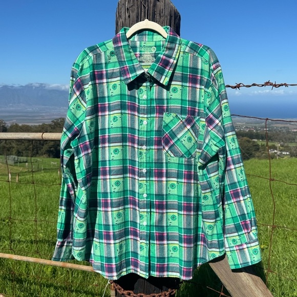 dari Tops - Dari Green Pink Plaid Flannel Button up Cottage Cabin Outdoors Western 2X